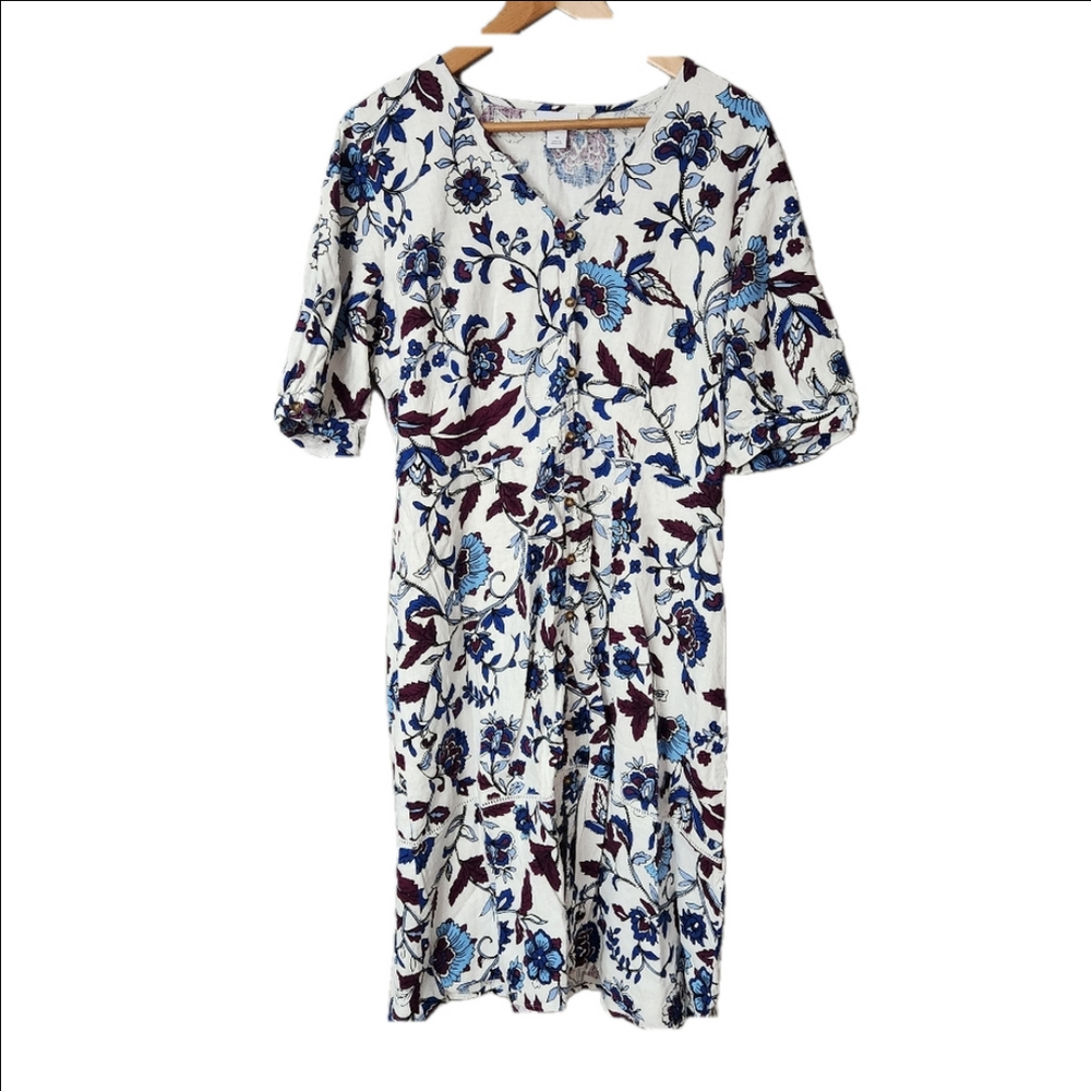 Liz Claiborne Womens Size 14 Linen Dress White Floral Short Sleeve A-Line Button